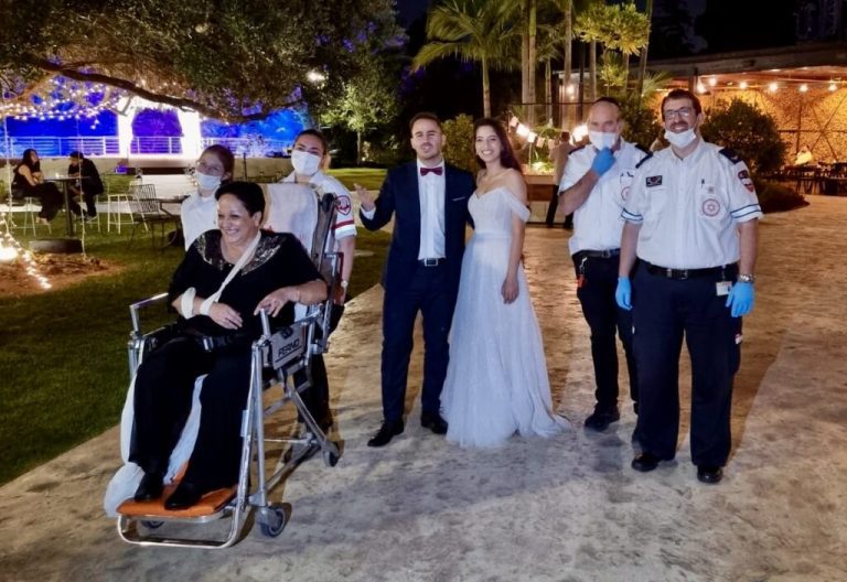 Mom takes ambulance to son’s wedding.